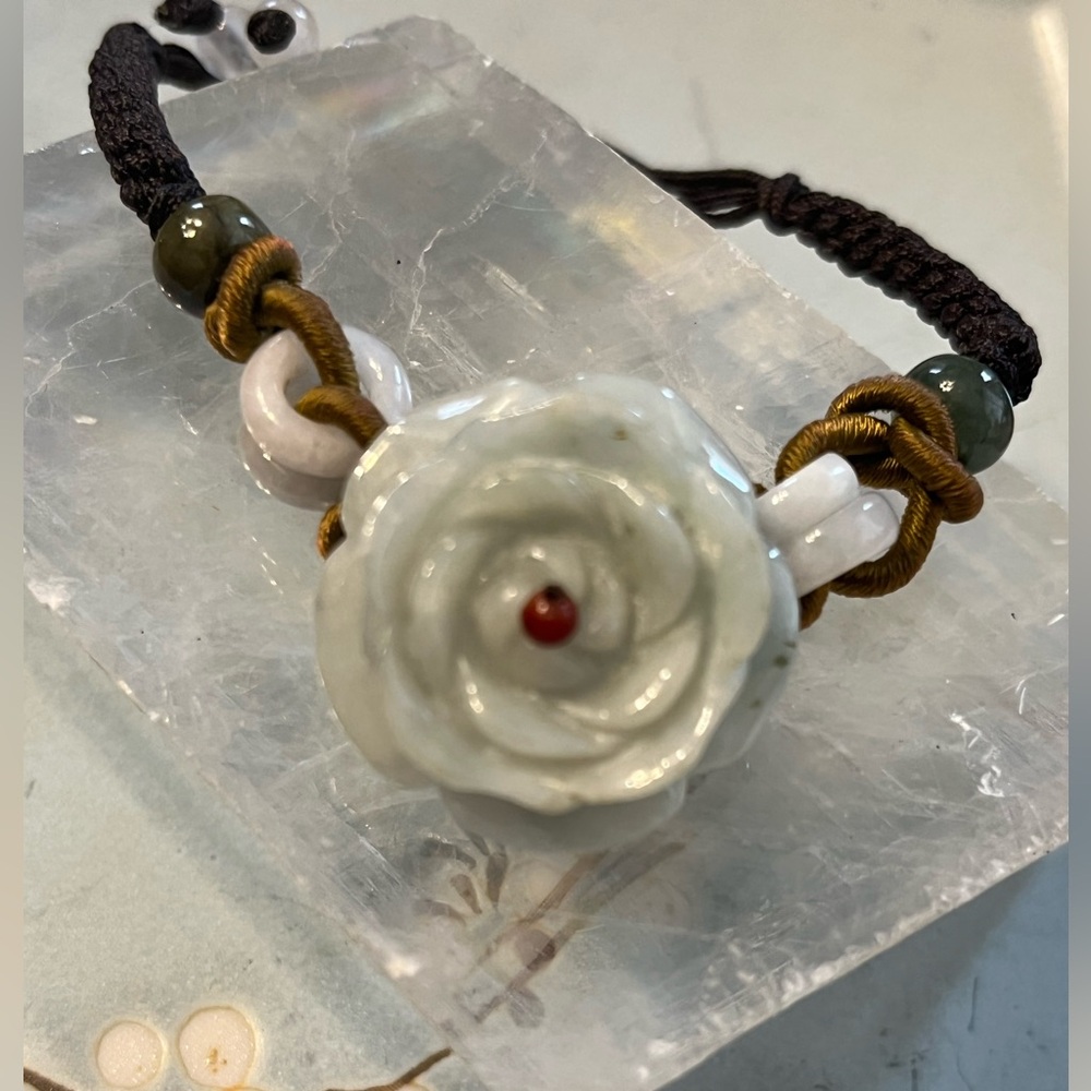 Vintage Artisan Boho Chic Energy Infused Jade Adjustable Bracelet – Lotus Flower